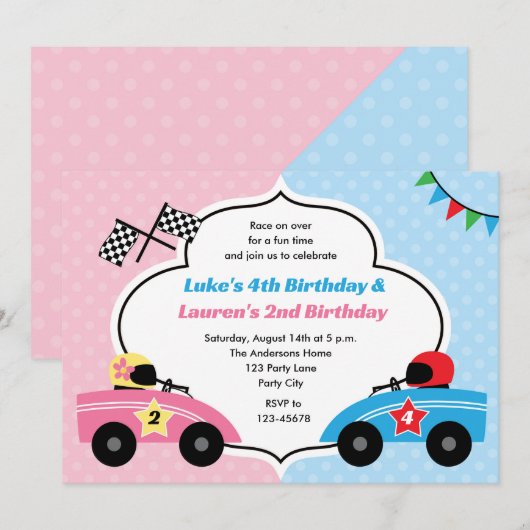 Race auto uitnodigingen - Twins verjaardag jongen (Voorkant / Achterkant)