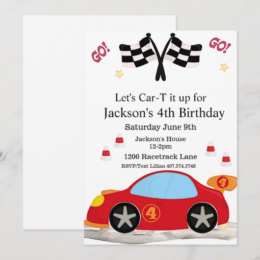 Race auto verjaardag, 4e verjaardag uitnodiging (Voorkant / Achterkant)