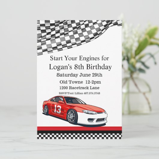 Race auto verjaardag, 8e verjaardag uitnodiging (Staand voorkant)