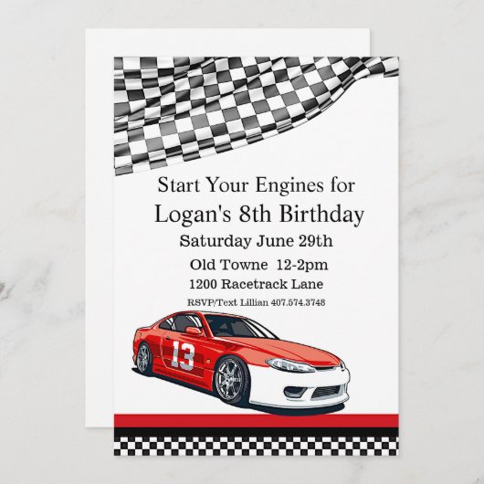Race auto verjaardag, 8e verjaardag uitnodiging (Voorkant / Achterkant)