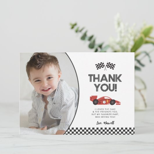 Race auto Verjaardag Dank u kaart met foto (Staand voorkant)