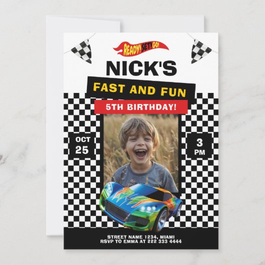 Race Auto Verjaardag Party Fotokaart Kaart (Voorkant)