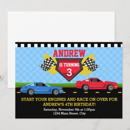 Race Auto Verjaardag Uitnodiging 5x7 Kaart Uitnodi (Voorkant / Achterkant)