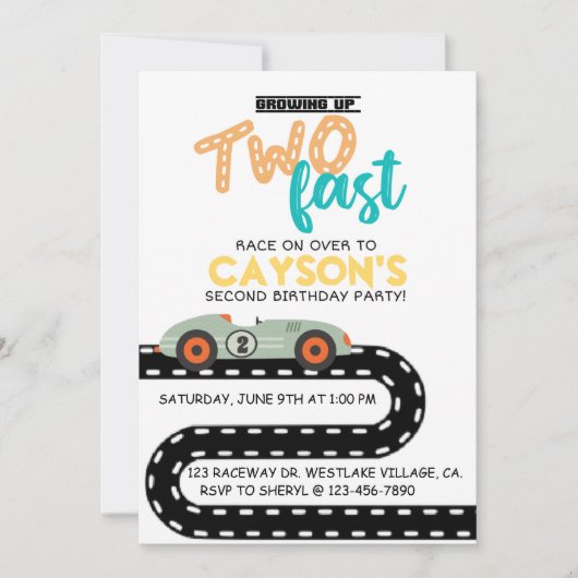 Race Auto Verjaardag uitnodigingen, Tweede Verjaar Aankondiging (Voorkant)