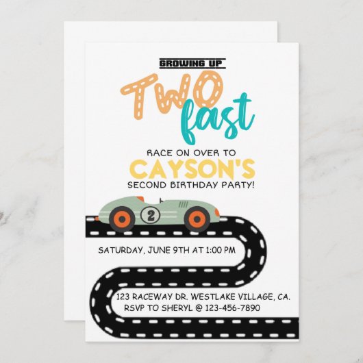 Race Auto Verjaardag uitnodigingen, Tweede Verjaar Aankondiging (Voorkant / Achterkant)