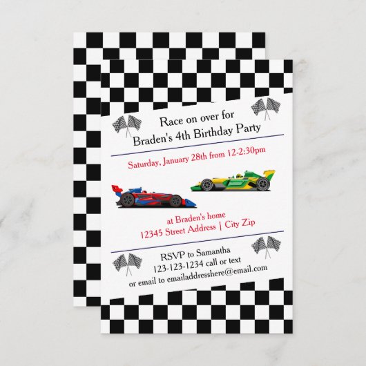 Race auto verjaardagsfeestje - 3x5 uitnodiging (Voorkant / Achterkant)