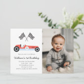  Race Auto Verjaardagsfeestje Fotouitnodiging Kaart (Staand voorkant)