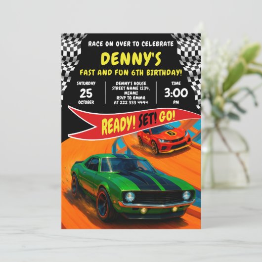 Race auto verjaardagsfeestje ontwerp kaart (Staand voorkant)