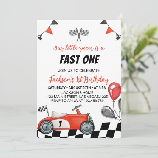 Race Auto Verjaardagsfeestuitnodiging Kaart (Staand voorkant)