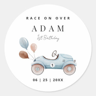 Race Auto Verjaardagsuitnodiging, Snel Eén Verjaar Ronde Sticker