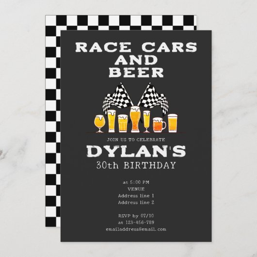 Race auto's en bier geruite vlag Raceday Verjaarda Kaart (Voorkant / Achterkant)