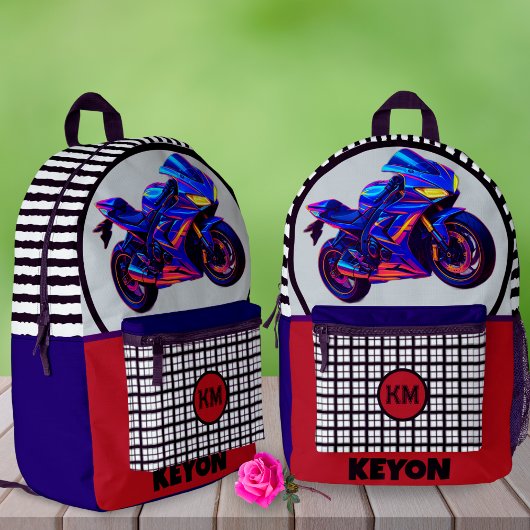 Race Bike Gingham Custom Name Left-Handed School  Bedrukte Rugzak