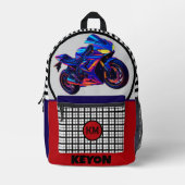 Race Bike Gingham Custom Name Left-Handed School  Bedrukte Rugzak (Voorkant)