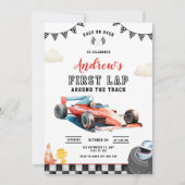 Race Car 1st Birthday Invitation, First Lap Racing Kaart (Voorkant)