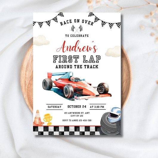 Race Car 1st Birthday Invitation, First Lap Racing Kaart