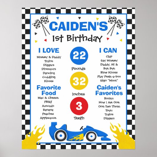 Race Car 1st Birthday Party Milestone Poster (Voorkant)