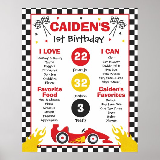 Race Car 1st Birthday Party Milestone Poster (Voorkant)