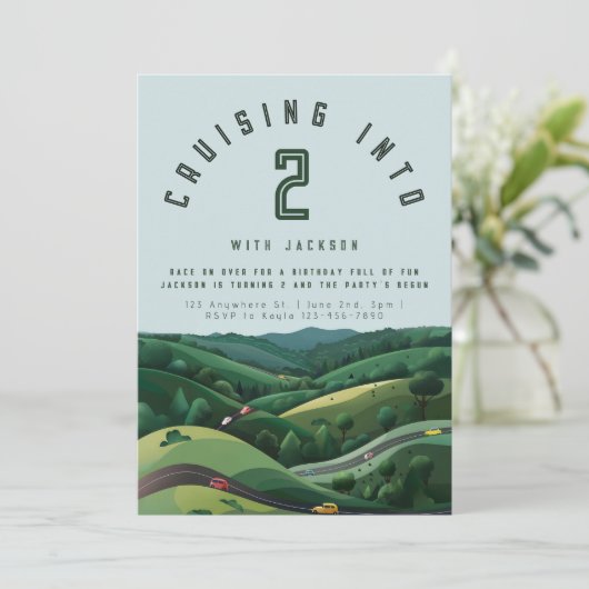 Race Car 2e verjaardag uitnodiging | De twee snell (Staand voorkant)