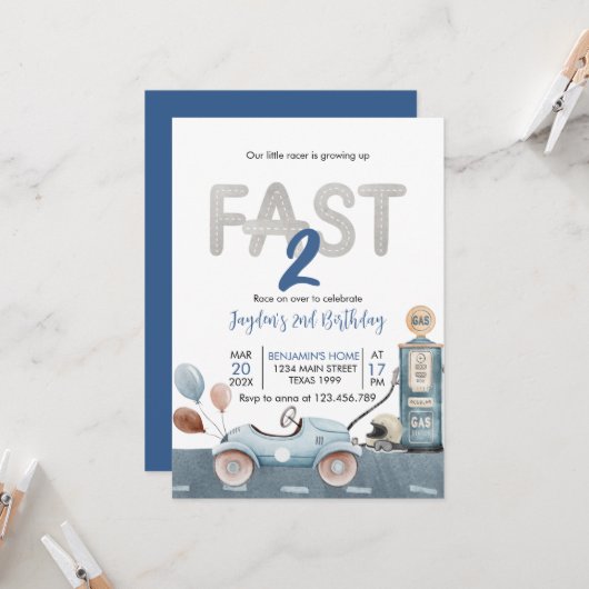 Race Car 2nd Racing Two Fast Birthday Kaart (Voorkant / Achterkant in situ)