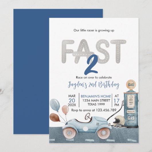 Race Car 2nd Racing Two Fast Birthday Kaart (Voorkant / Achterkant)