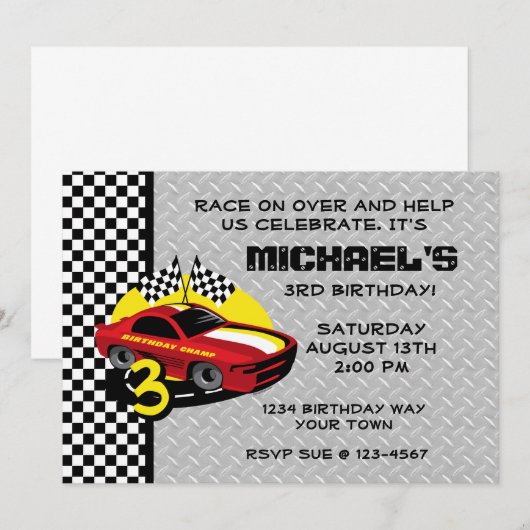 Race Car 3e verjaardag Uitnodiging (Voorkant / Achterkant)