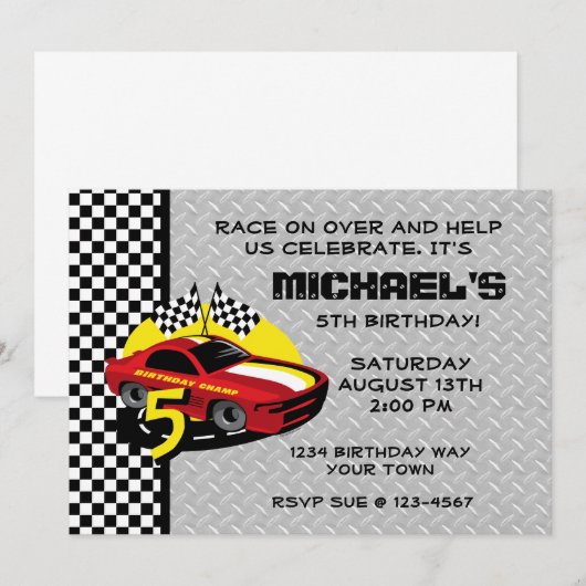 Race Car 5th Birthday Party Invitation Kaart (Voorkant / Achterkant)