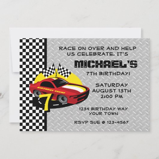 Race Car 7th Birthday Party Invitation Kaart (Voorkant)