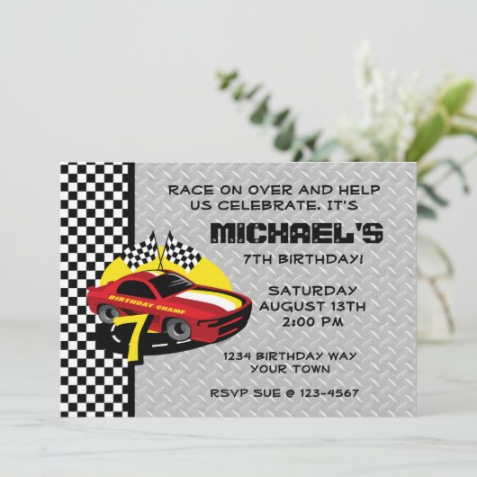 Race Car 7th Birthday Party Invitation Kaart (Staand voorkant)