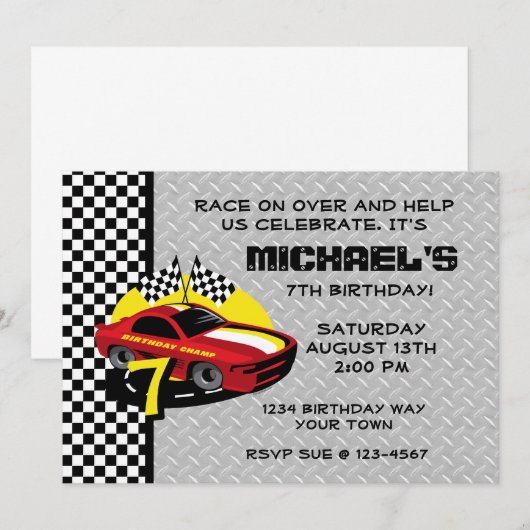 Race Car 7th Birthday Party Invitation Kaart (Voorkant / Achterkant)