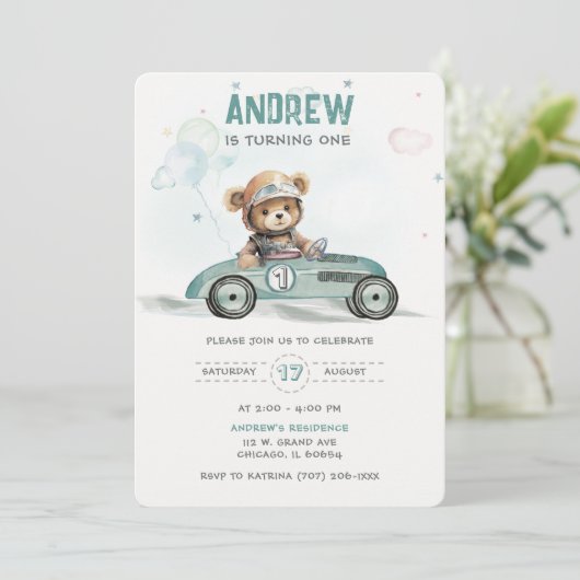 Race Car Baby Beer 1e Verjaardag Kaart (Staand voorkant)