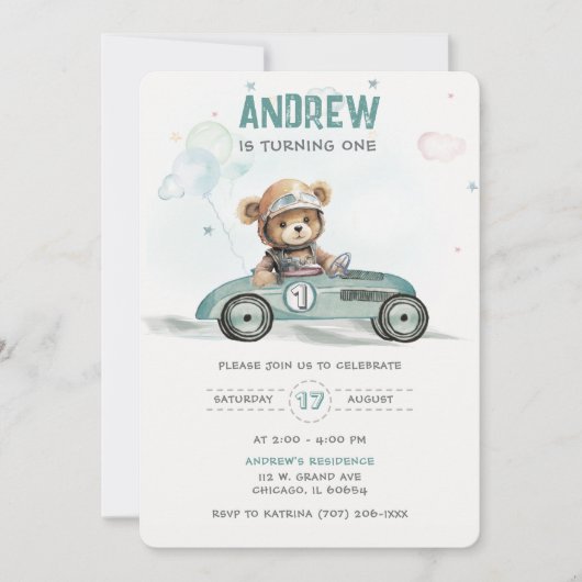 Race Car Baby Beer 1e Verjaardag Kaart (Voorkant)