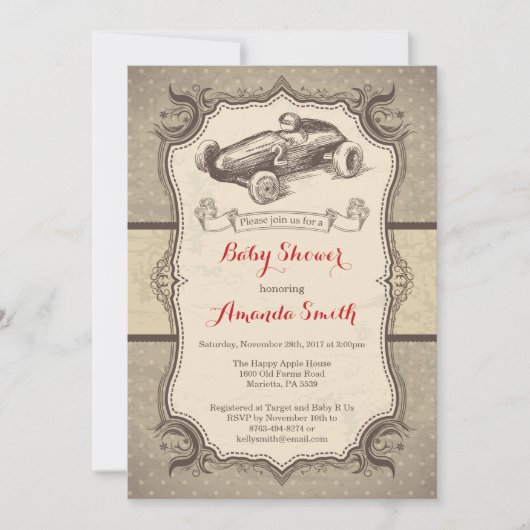 Race Car Baby shower Invitation  Retro Kaart (Voorkant)