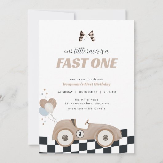 Race Car Beige Fast One First Birthday Invite Kaart (Voorkant)