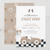 Race Car Beige Fast One First Birthday Invite Kaart (Voorkant / Achterkant)