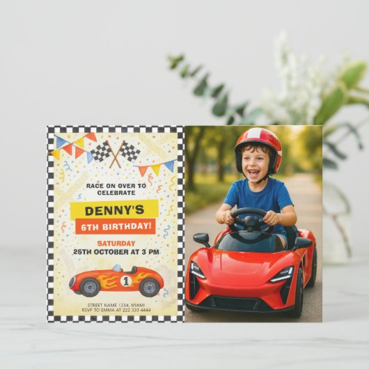 Race Car Birthday for Kids with Photo Kaart (Staand voorkant)
