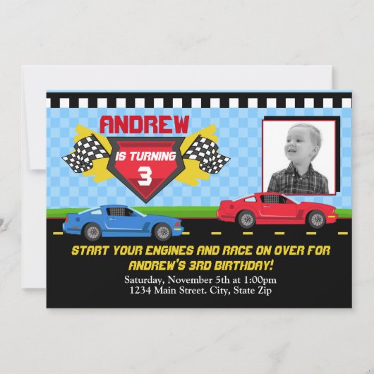 Race Car Birthday Invitation 5x7 Card Kaart (Voorkant)