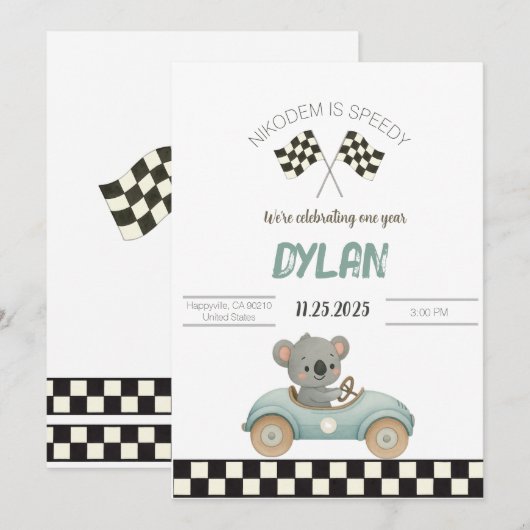 Race Car Birthday Invitation Kaart (Voorkant / Achterkant)