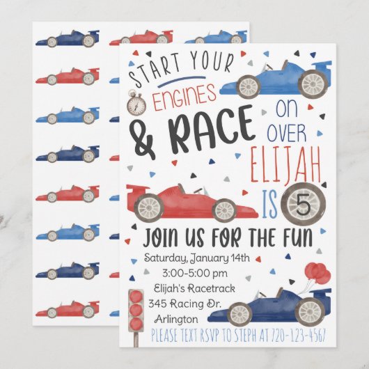 Race Car Birthday Invitation, Racing Uitnodiging (Voorkant / Achterkant)