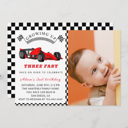Race Car Birthday Invite – 3rd Birthday Boy Kaart (Voorkant / Achterkant)