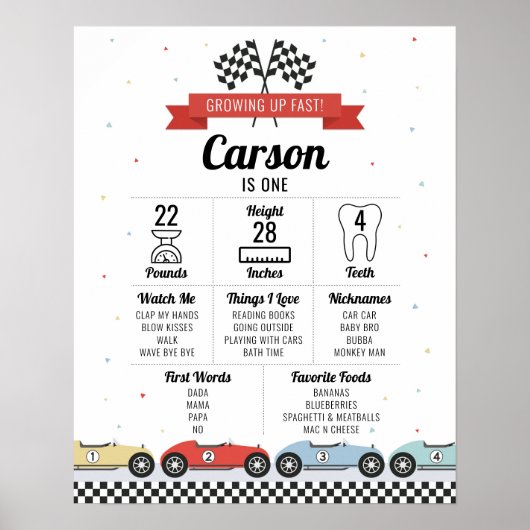 Race Car Birthday Milestone Grafiek Birthday Board Poster (Voorkant)