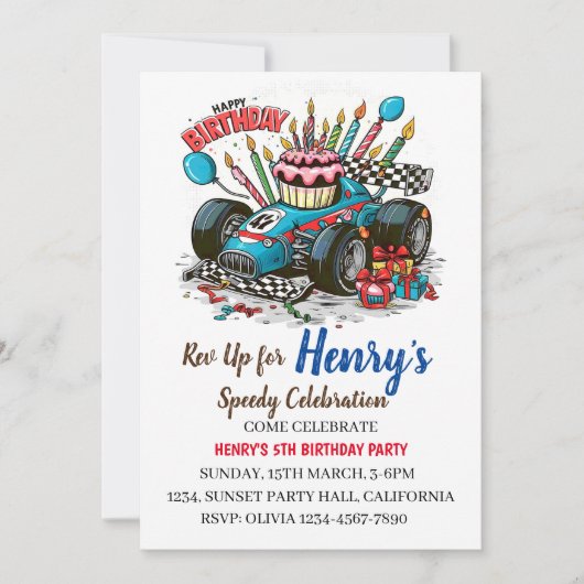 Race Car Birthday Party Invitation Kaart (Voorkant)