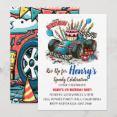 Race Car Birthday Party Invitation Kaart (Voorkant / Achterkant)