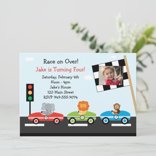 Race Car Birthday Party Invitation Kaart (Staand voorkant)