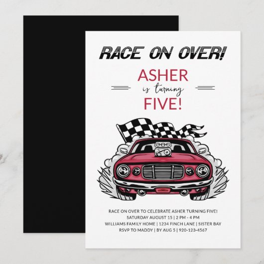 Race Car Birthday Party Invitation Kaart (Voorkant / Achterkant)