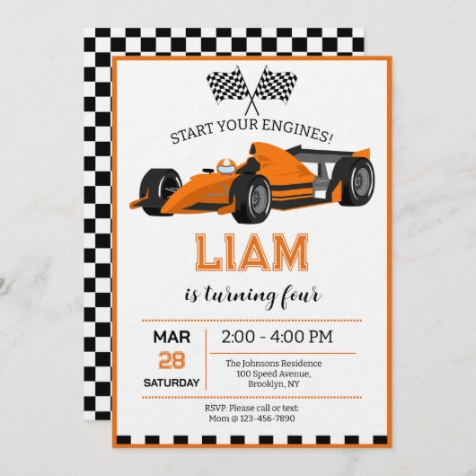 Race Car Birthday Party Invitation Kaart (Voorkant / Achterkant)