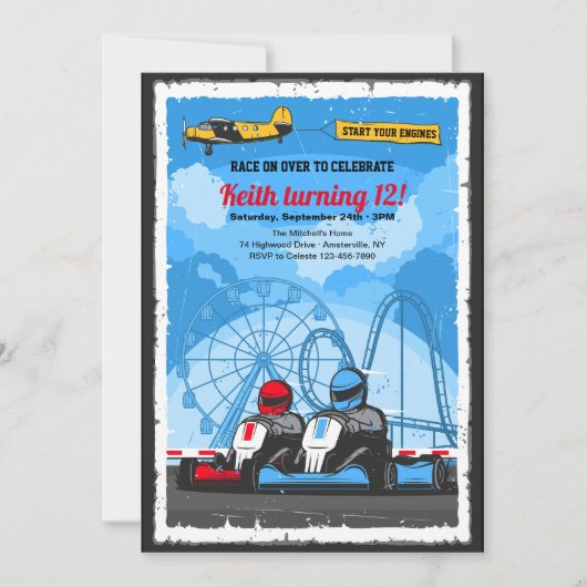 Race Car Birthday Party Invitation Kaart (Voorkant)