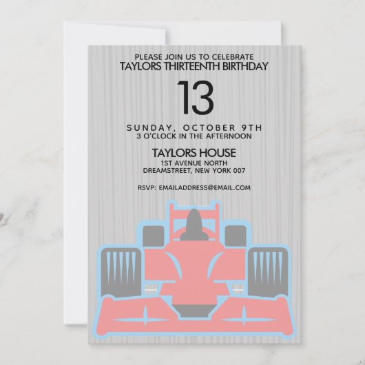 Race Car Birthday Party Invitation Kaart (Voorkant)