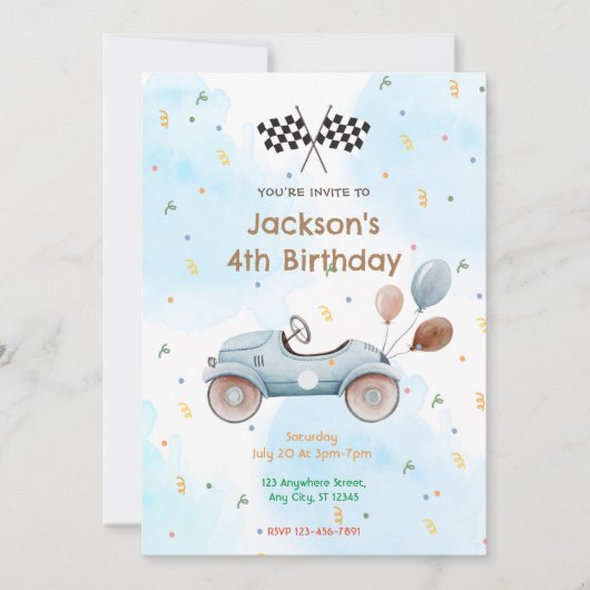 Race Car Birthday Party Kaart (Voorkant)