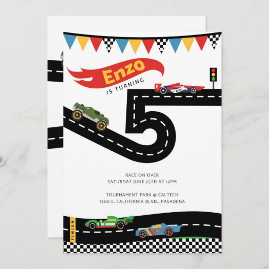 Race Car Birthday Party Kaart (Voorkant / Achterkant)