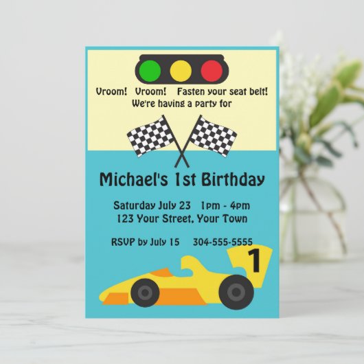Race Car Birthday Party Kaart (Staand voorkant)
